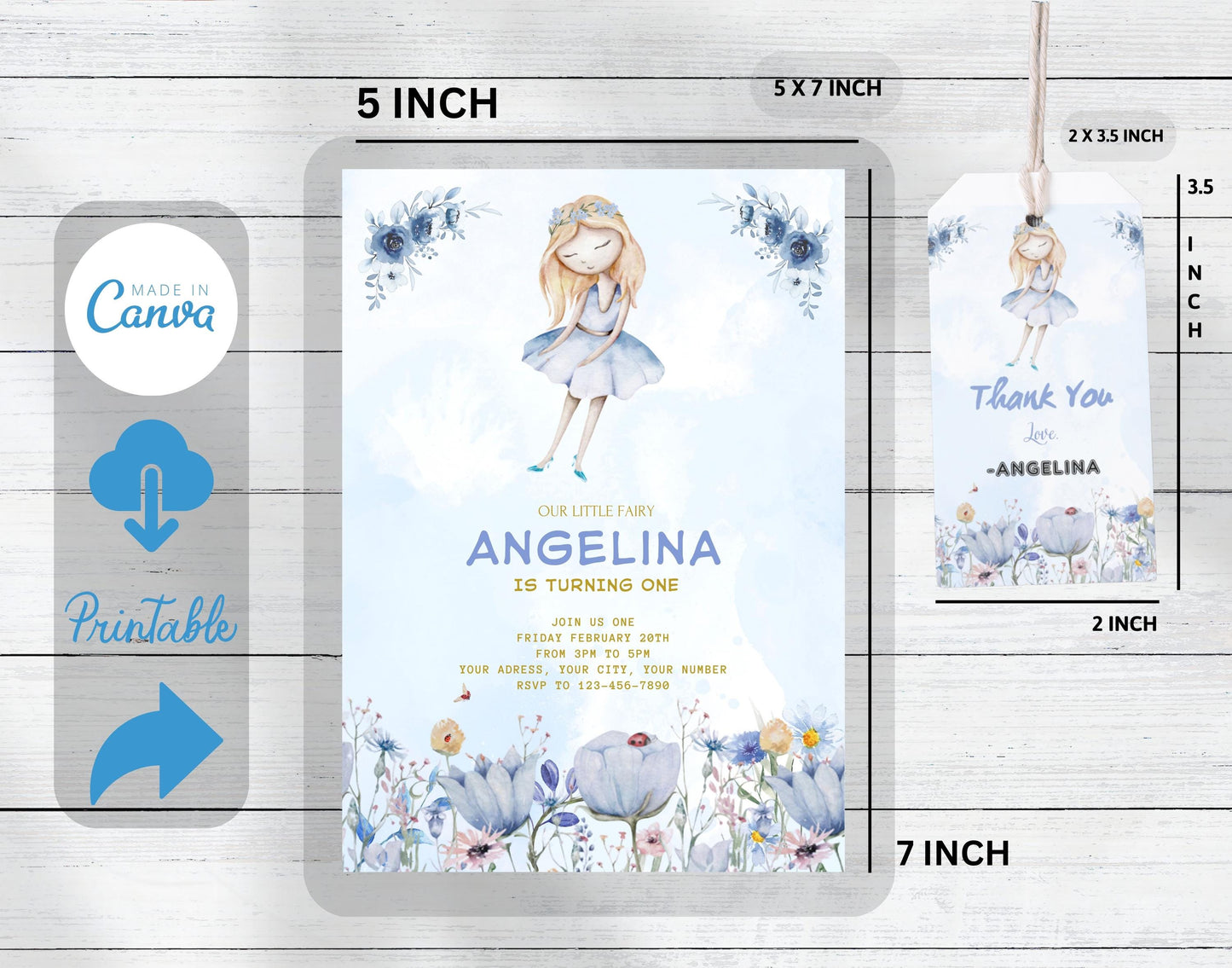 EDITABLE Magic Girl Birthday Invitation, Printable Fairy Flowers watercolor Invitation, Magical Blue Gold Birthday Girl Invitation Template