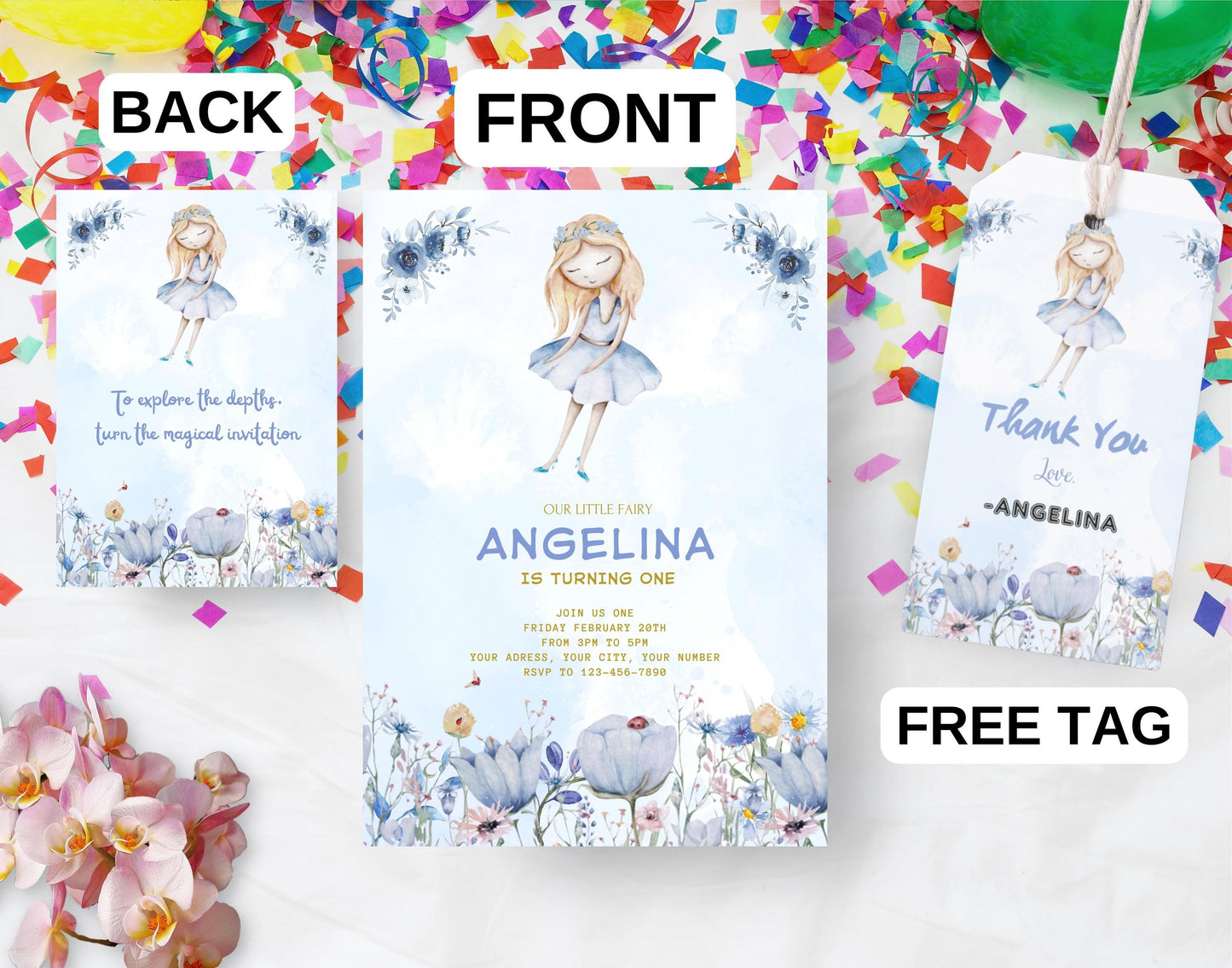 EDITABLE Magic Girl Birthday Invitation, Printable Fairy Flowers watercolor Invitation, Magical Blue Gold Birthday Girl Invitation Template