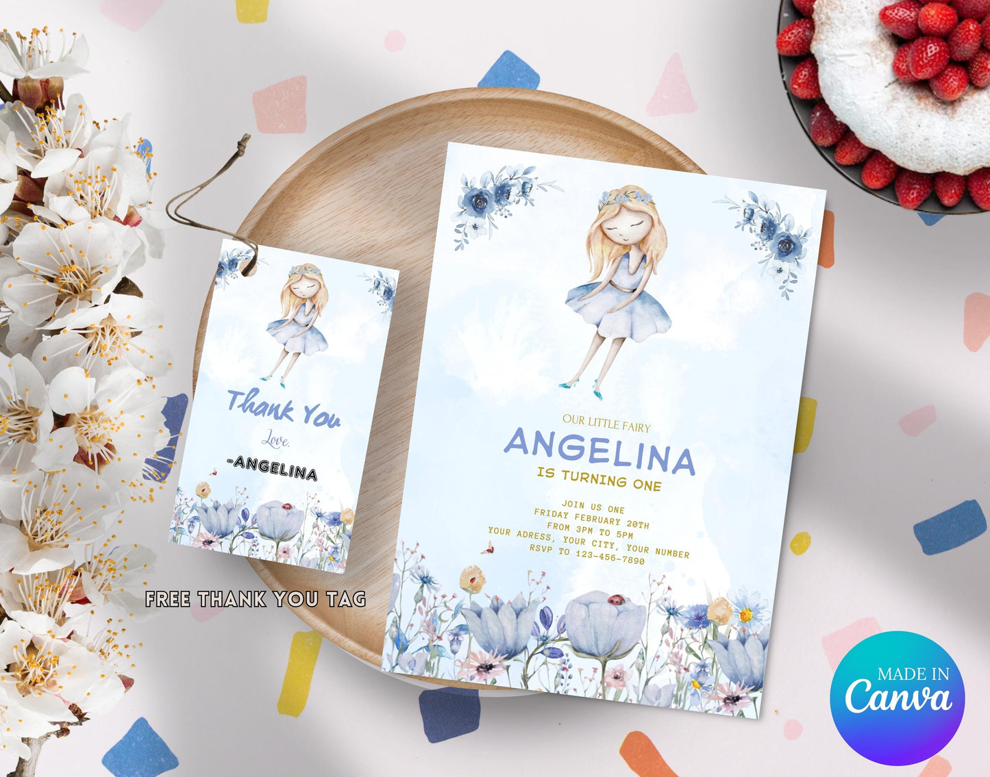 EDITABLE Magic Girl Birthday Invitation, Printable Fairy Flowers watercolor Invitation, Magical Blue Gold Birthday Girl Invitation Template