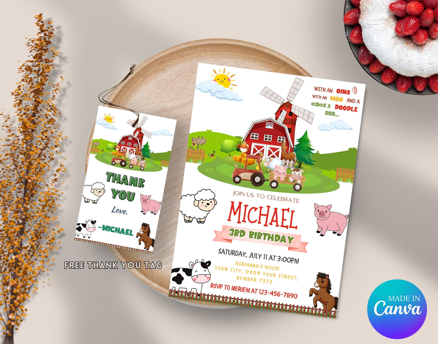 Editable Farm Birthday Party Invitation Template, Printable Farm Animals Birthday Invitation, Barnyard, Farm thank you tag, FARM Bday Invite