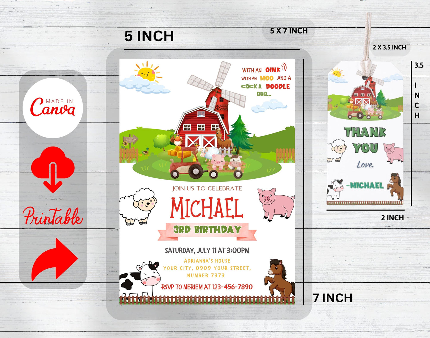 Editable Farm Birthday Party Invitation Template, Printable Farm Animals Birthday Invitation, Barnyard, Farm thank you tag, FARM Bday Invite