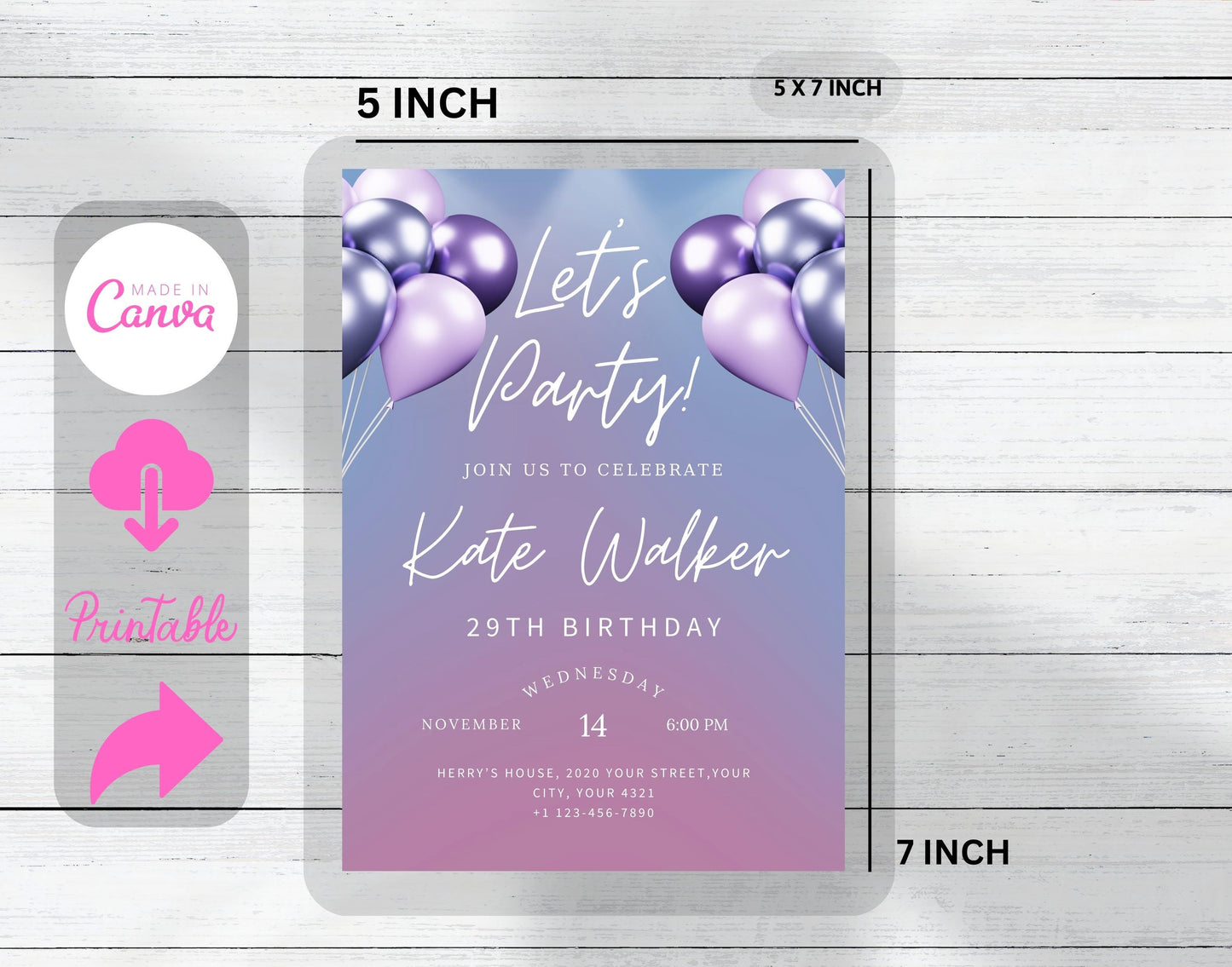 Editable Pink Balloons Birthday Invitation Template, Printable Let's Party Light Blue Birthday Invite, Adult Purple & Pink Girl Party Invite