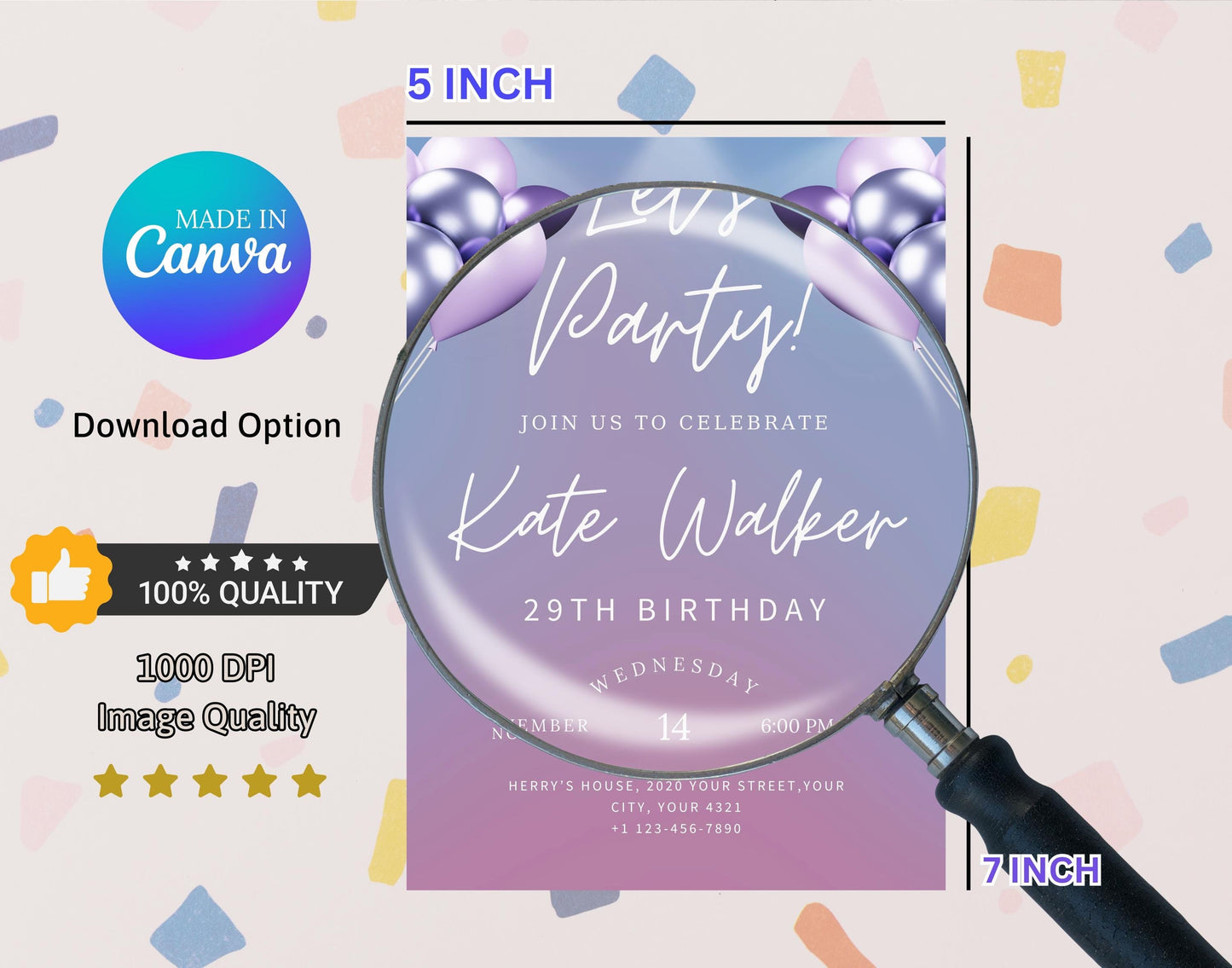 Editable Pink Balloons Birthday Invitation Template, Printable Let's Party Light Blue Birthday Invite, Adult Purple & Pink Girl Party Invite