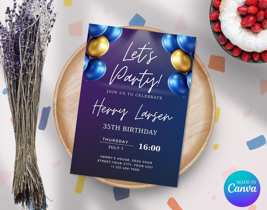 Editable Navy Blue Balloons Birthday Invitation Template, Printable Let's Party Purple Birthday Party Invite, Adult Invite, Instant Download