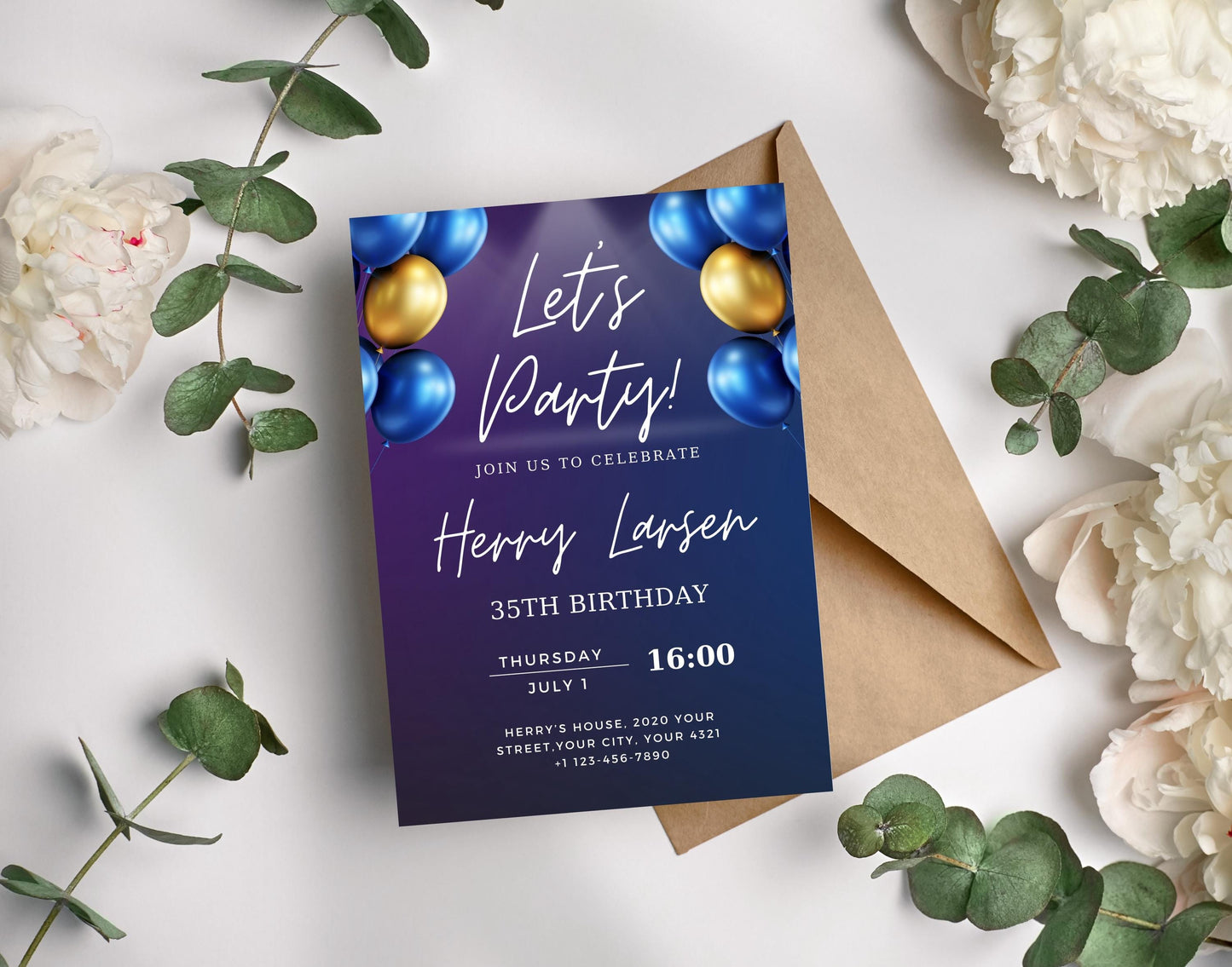 Editable Navy Blue Balloons Birthday Invitation Template, Printable Let's Party Purple Birthday Party Invite, Adult Invite, Instant Download