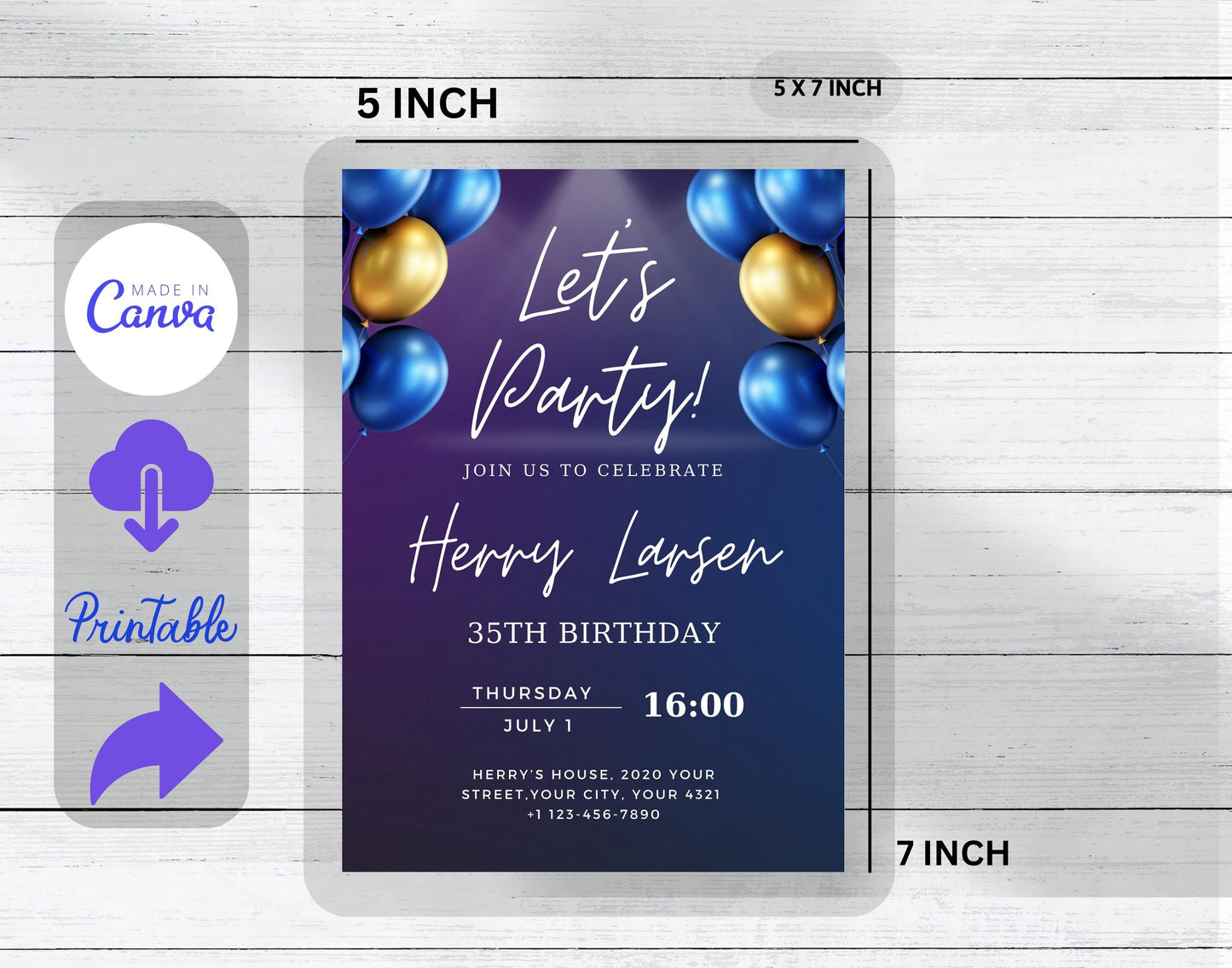 Editable Navy Blue Balloons Birthday Invitation Template, Printable Let's Party Purple Birthday Party Invite, Adult Invite, Instant Download