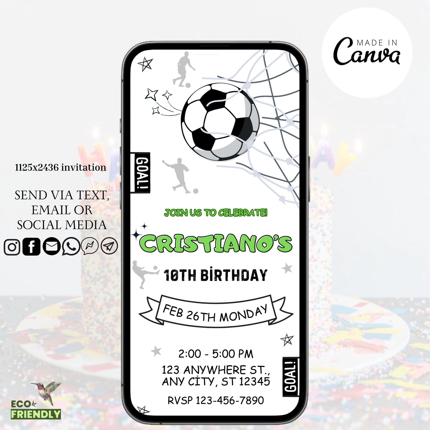 Soccer Invitation Template, Digital Football Birthday Party Invitation, Editable Soccer Birthday, Electronic Kids Phone Birthday Invite