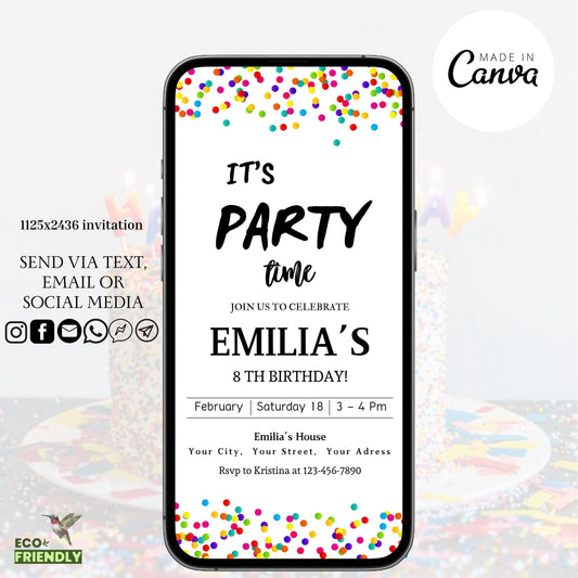 Colorful Confetti Birthday Invitation Template, Editable Rainbow Confetti Birthday Party Invitation, Digital Simple Birthday e-Invite