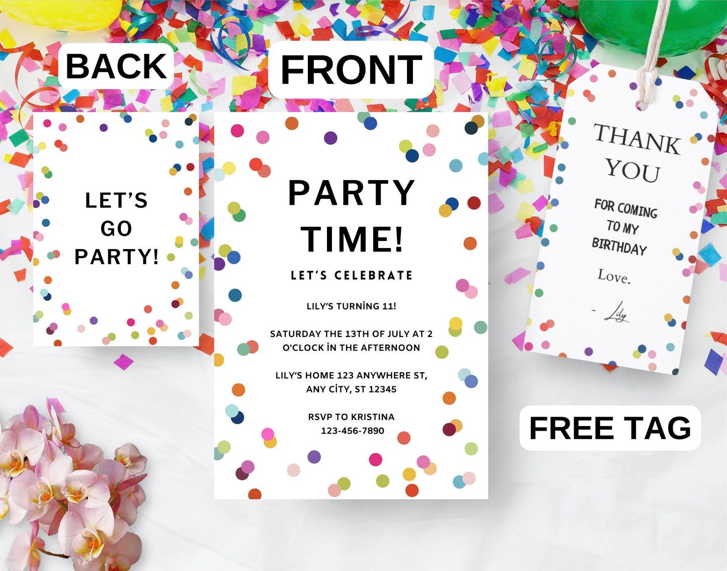 Editable Colored Confetti Bday Invitation Template, Printable Colorful Birthday Party Invite, Colourful Confetti For Kids Birthday Template