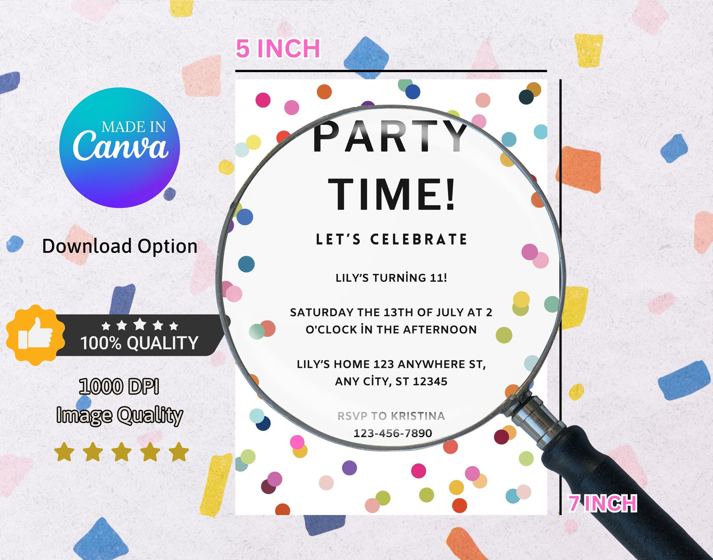 Editable Colored Confetti Bday Invitation Template, Printable Colorful Birthday Party Invite, Colourful Confetti For Kids Birthday Template