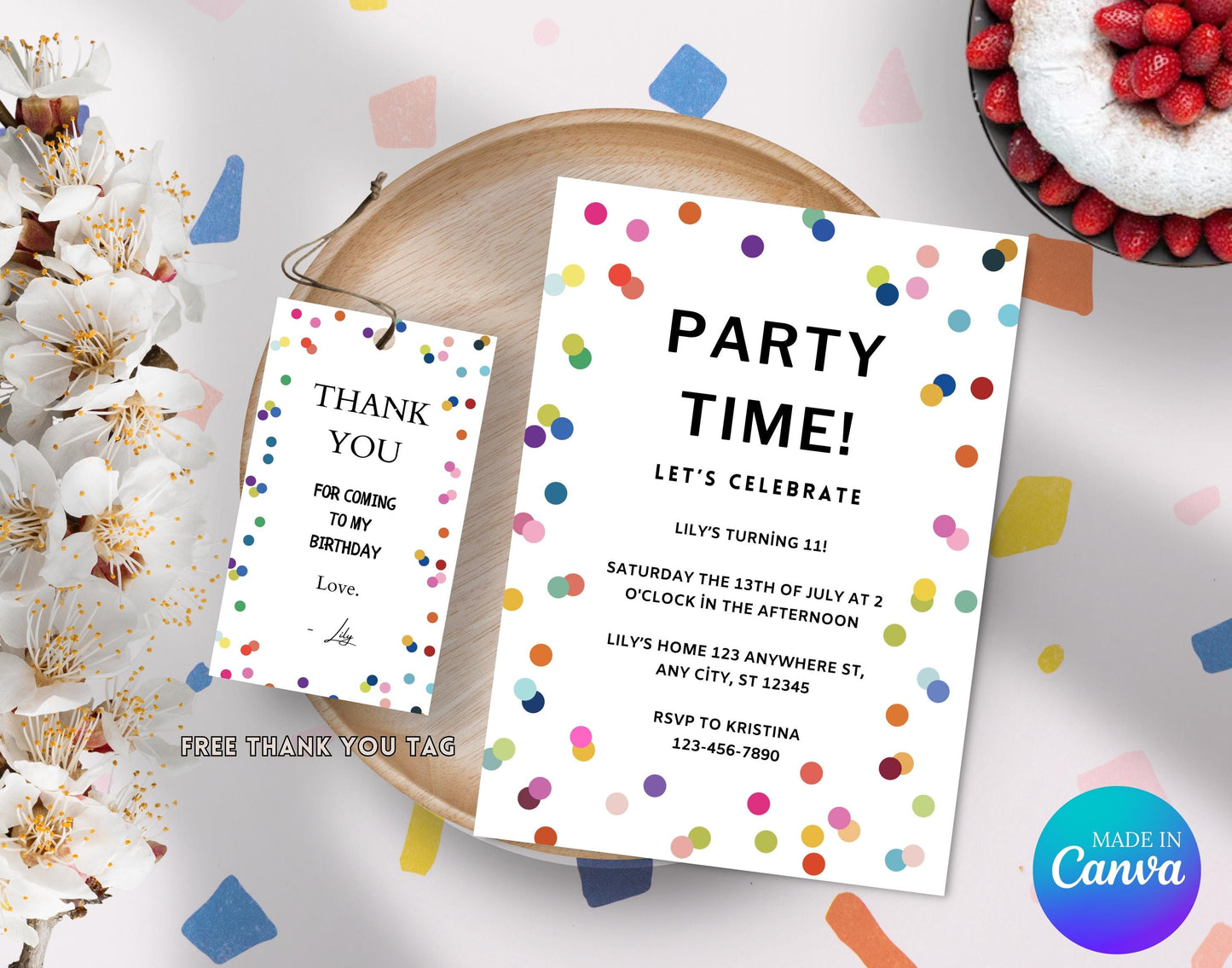 Editable Colored Confetti Bday Invitation Template, Printable Colorful Birthday Party Invite, Colourful Confetti For Kids Birthday Template