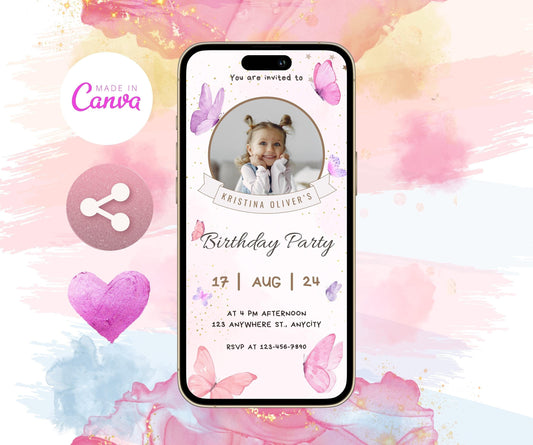 EDITABLE Butterfly Birthday Invitation Template, Pink Butterfly With Photo Kisses Invite, Girl First Birthday, Butterfly, Phone Party Evite