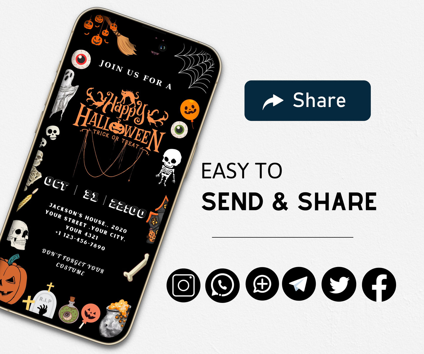 Editable Halloween Invitation, Halloween Party Invitation, Halloween Birthday Invitation, Spooky birthday Invite, Sms Electronic Invite