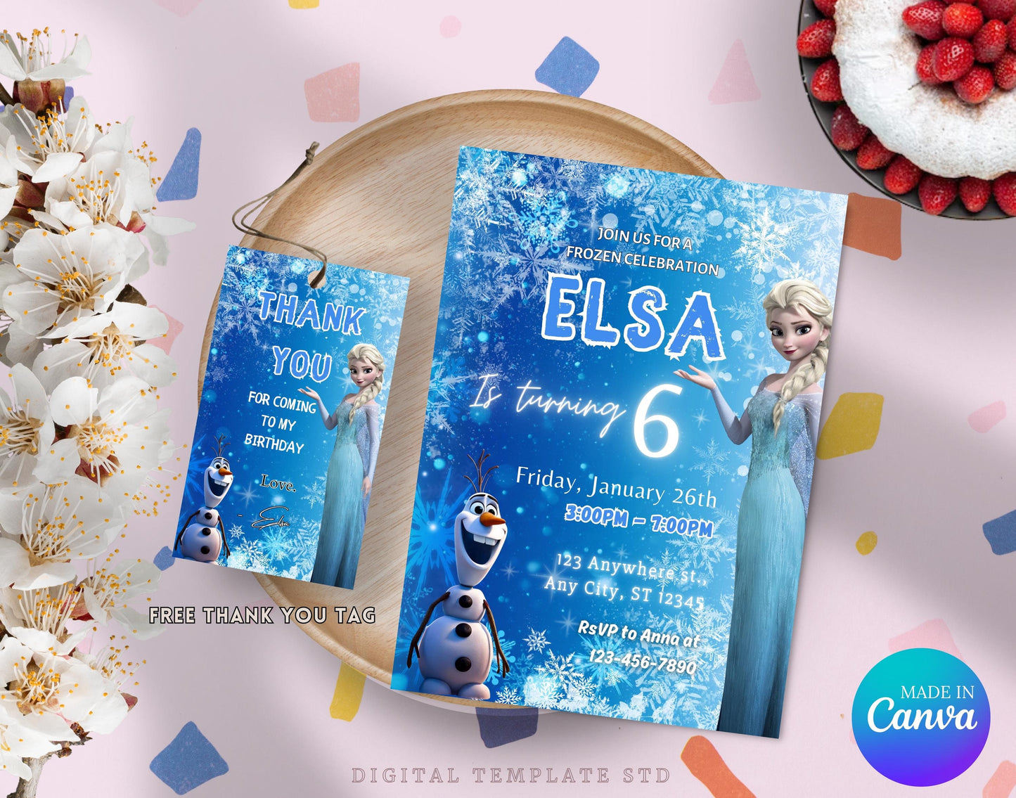 FROZEN Invitation Elsa Birthday Invitation Winter Snow Birthday Printable,Editable Frozen Olaf Invite Instant Download, Elsa Thank You TAG