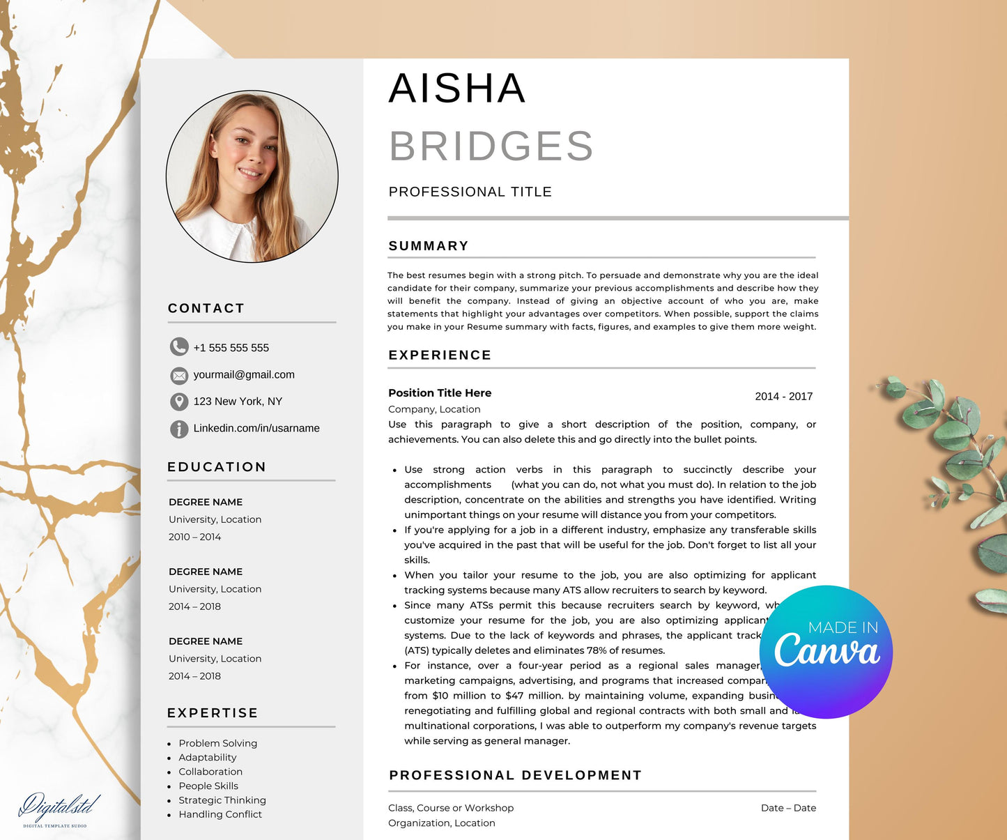 Canva Resume Template with photo, Professional Resume Canva, Cv Template Canva, Editable Resume Canva Template, Creative Resume Layout Canva