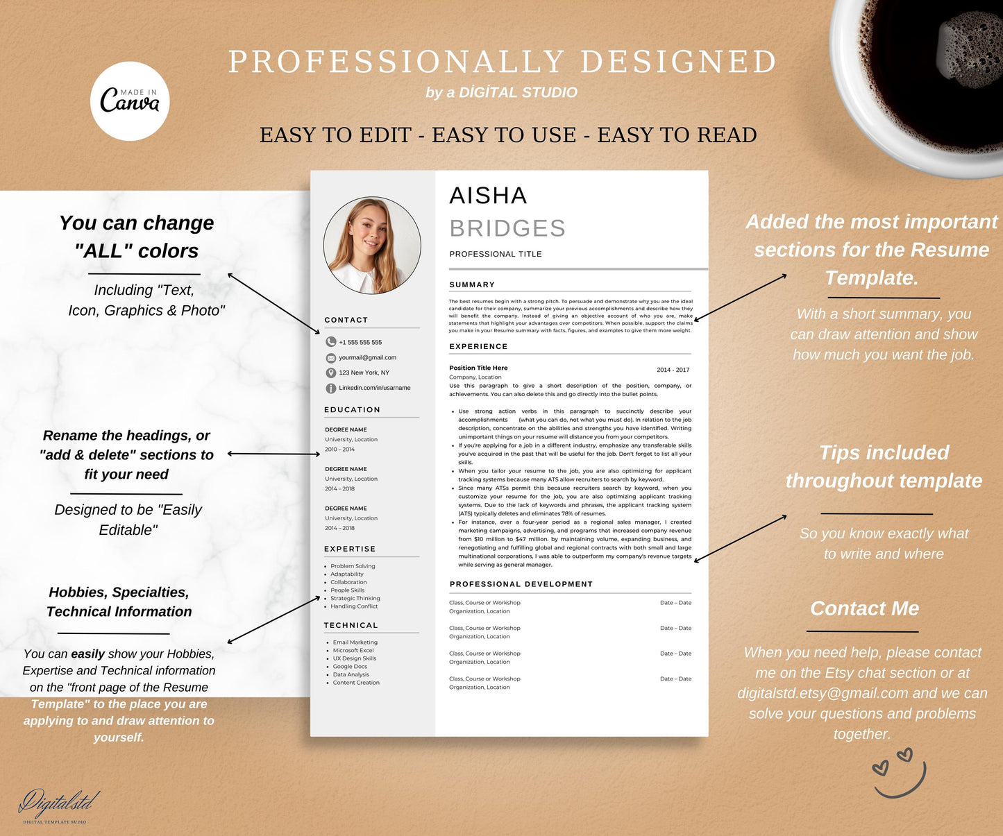 Canva Resume Template with photo, Professional Resume Canva, Cv Template Canva, Editable Resume Canva Template, Creative Resume Layout Canva