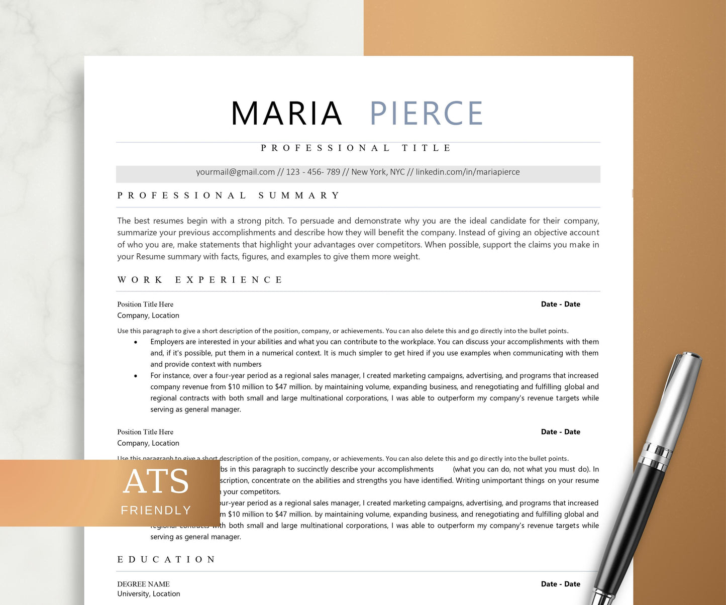 ATS Friendly Resume Template for Microsoft Word & Pages, Editable ATS Cover Letter and References, ATS Resume Template Instant Download