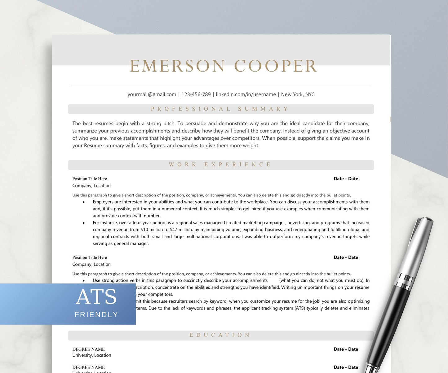 ATS Resume Template for Word, Mac Pages | ATS Friendly Resume | Simple Modern Resume CV, Minimalist Resume, Ats Standard Resume Template