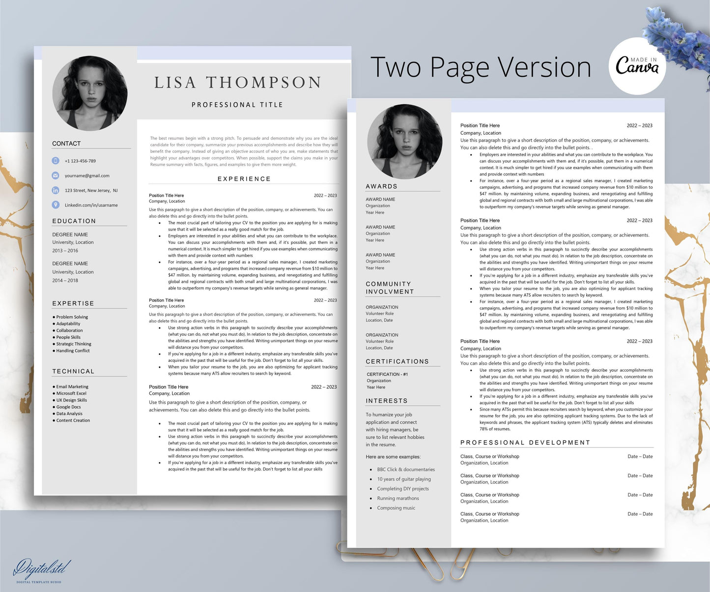 Resume CV Template for Word Pages, 1, 2 3 Page Resume Template with Photo, Modern Resume Template, Minimalist Professional Cv with photo