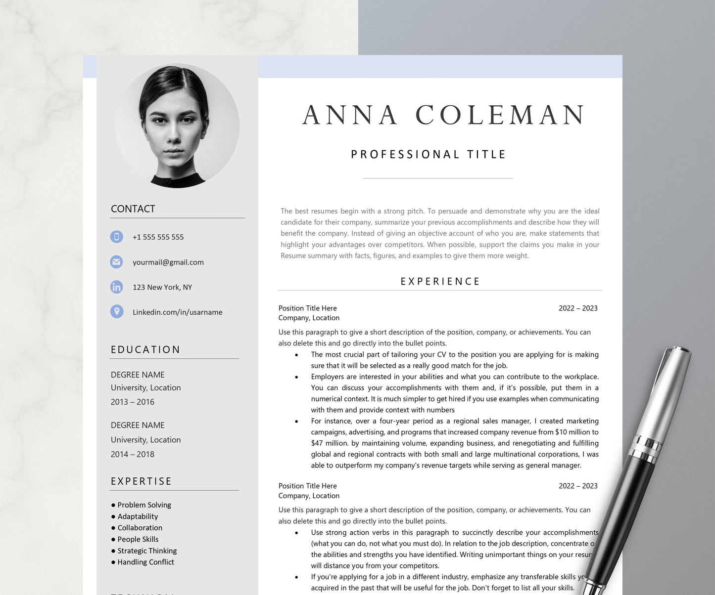 Editable Modern CV TEMPLATE For Microsoft Word and Pages, Professional Resume Template or Download Save to PDF Format Blue Resume Template