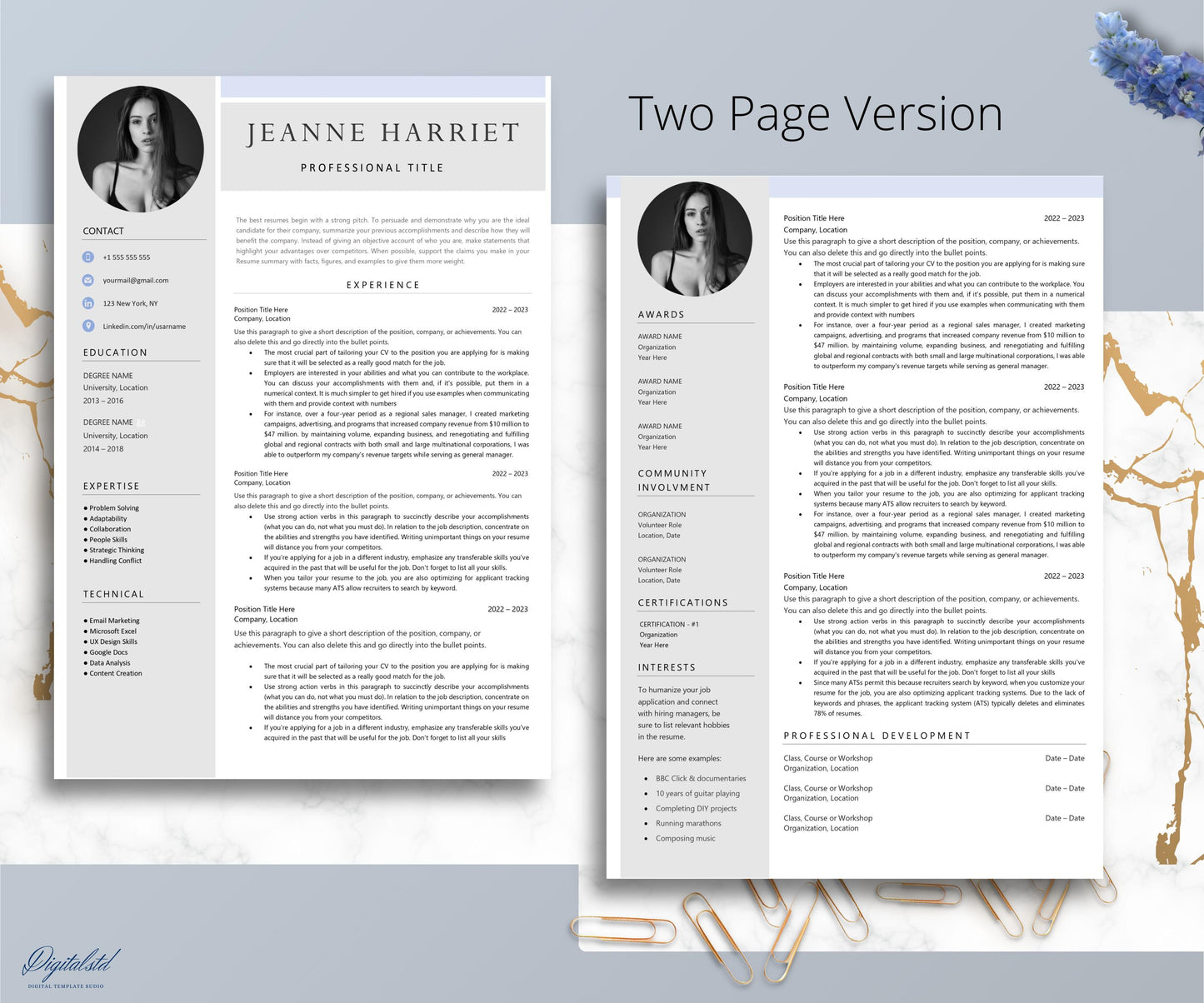 Resume Template, Modern Professional Resume Template Word & Mac Pages, Clean Executive Resume Template with Photo, CV Blue Template