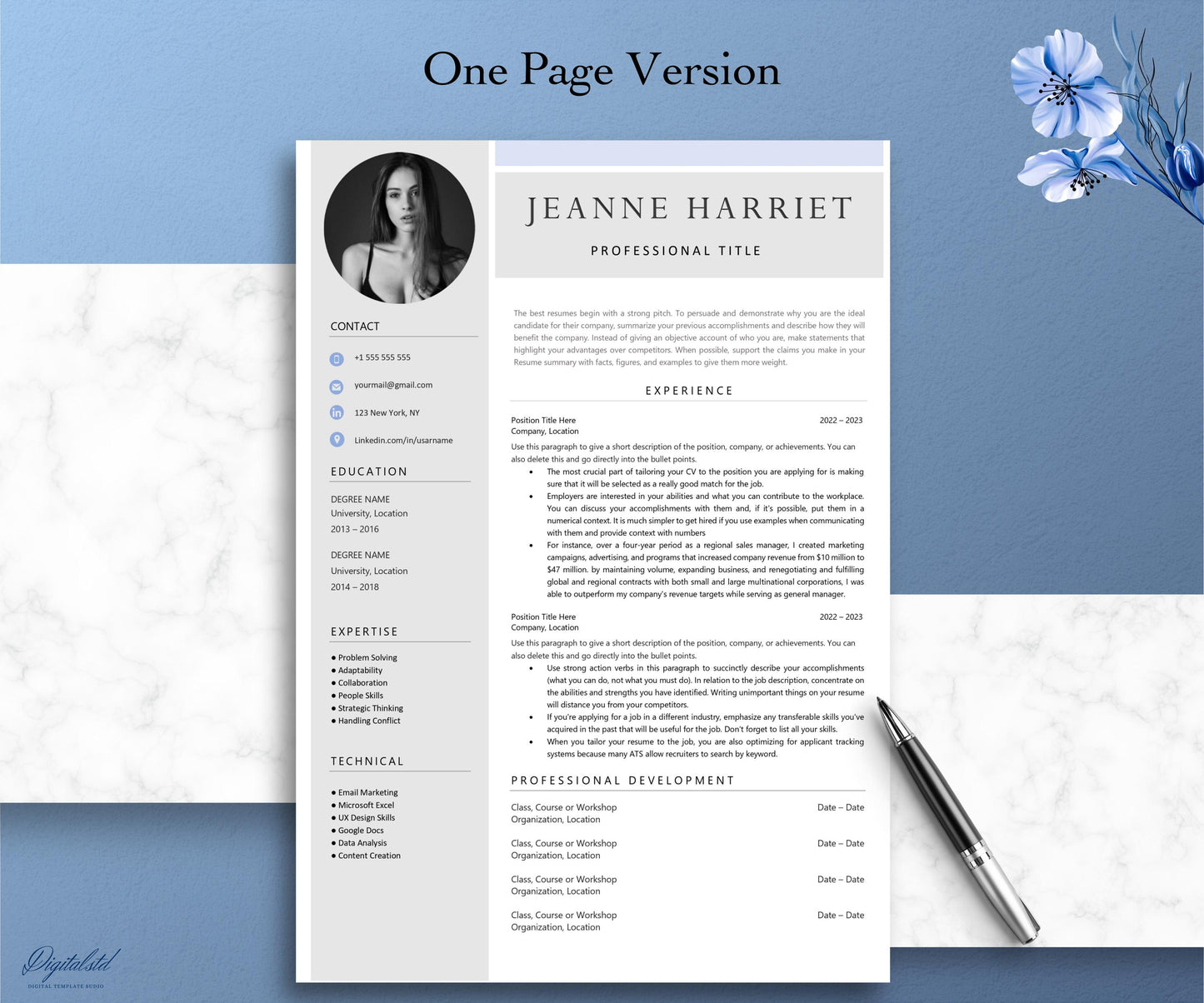 Resume Template, Modern Professional Resume Template Word & Mac Pages, Clean Executive Resume Template with Photo, CV Blue Template