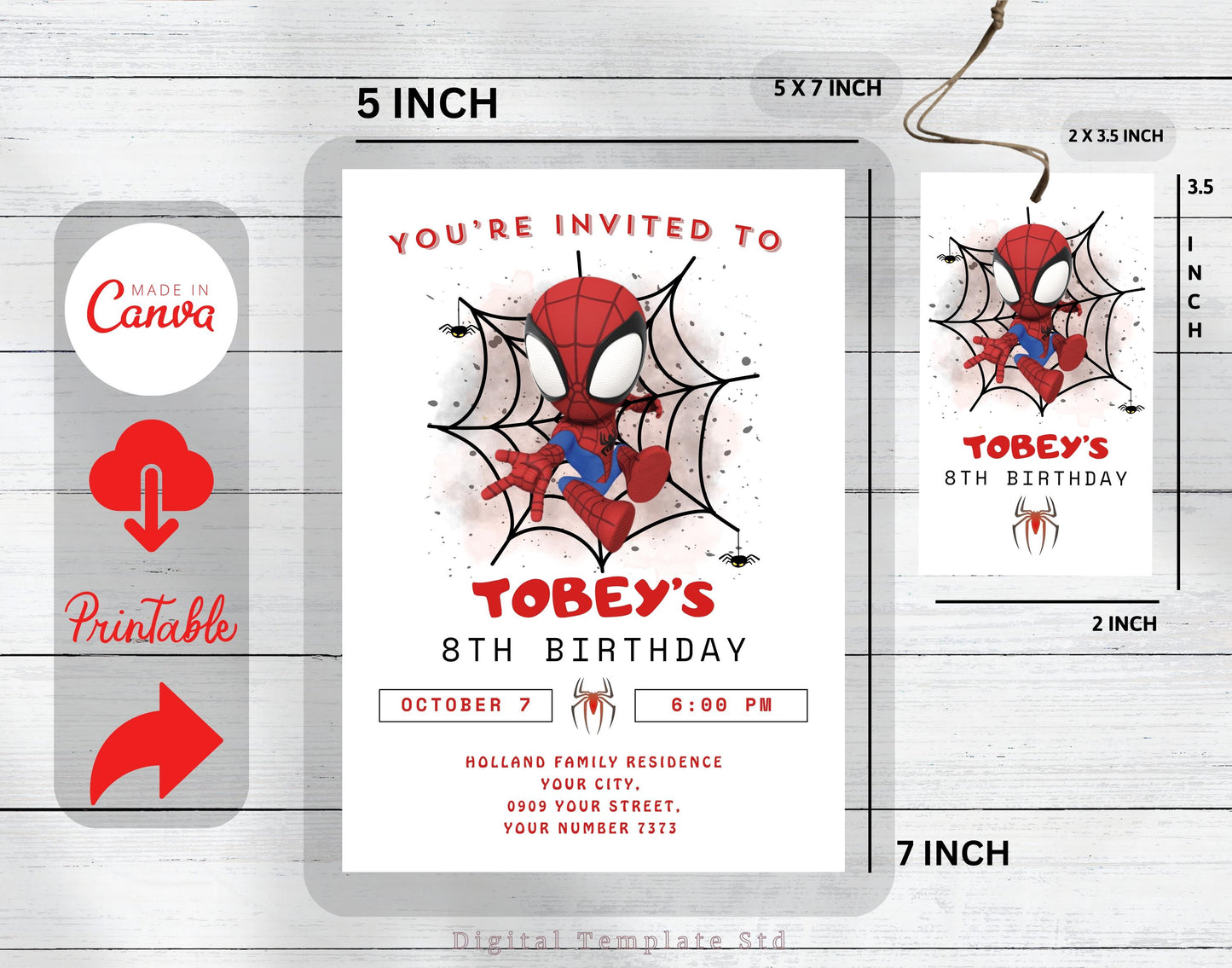 Spider man Invitation Template, Printable Birthday Party Invitation, Editable Spiderman Birthday Invite, Digital For Kids Birthday Template