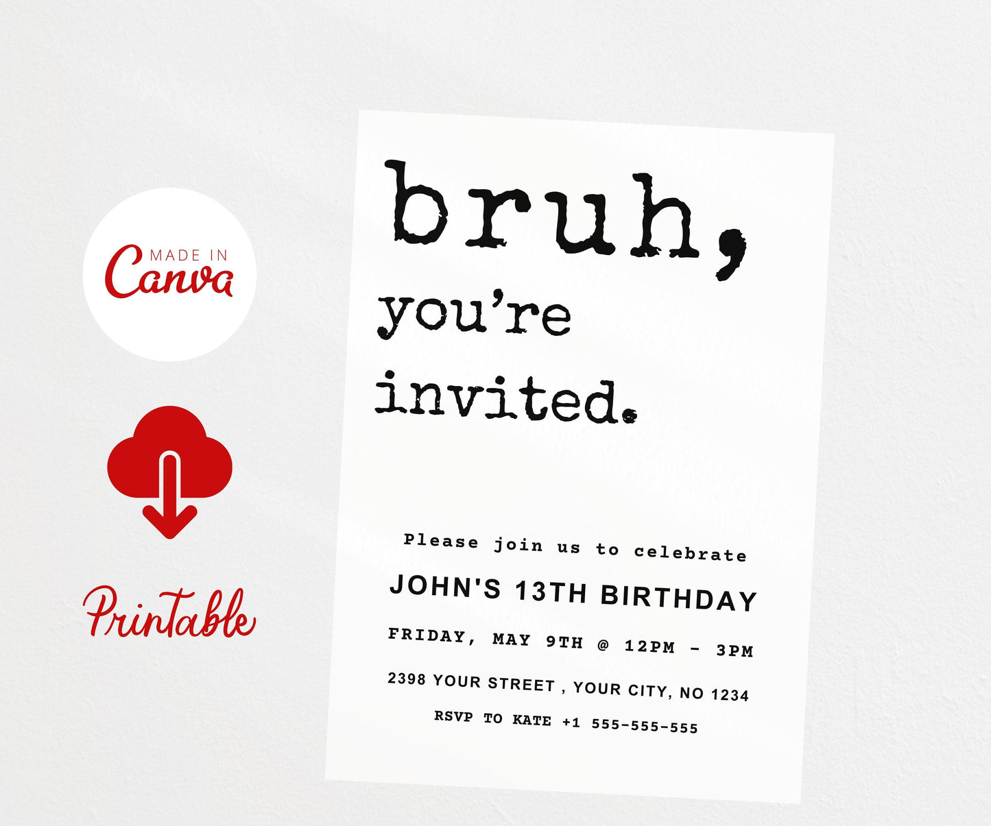 Bruh Boy Birthday Editable Invitation Template, Bro Bruh Party Printable Digital Invitation, Instant Download