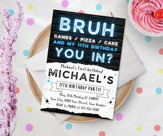 Bruh Birthday Invitation Template, Neon Bruh You In Birthday Invitation, Bruh Neon Birthday Party, Neon Bruh Teenager Boys Party Invite