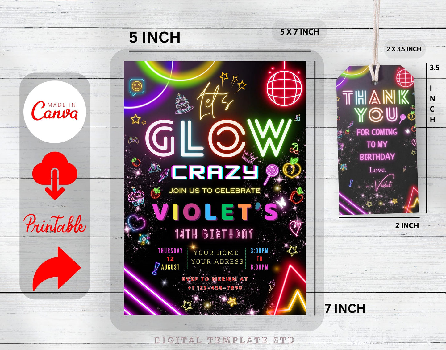 Glow Party Birthday Invitation, Glow Invitation, girl, boy, Neon Party Invite, Neon Lights, Glow Party Template, Editable Canva, Glow Evite