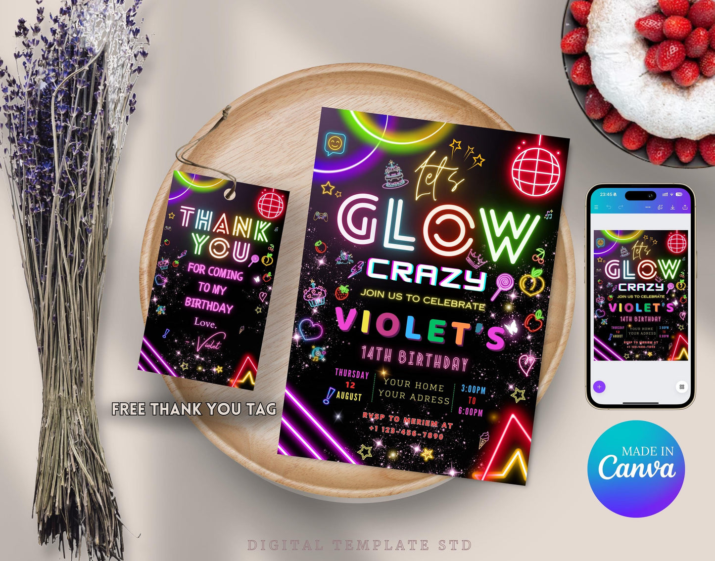 Glow Party Birthday Invitation, Glow Invitation, girl, boy, Neon Party Invite, Neon Lights, Glow Party Template, Editable Canva, Glow Evite