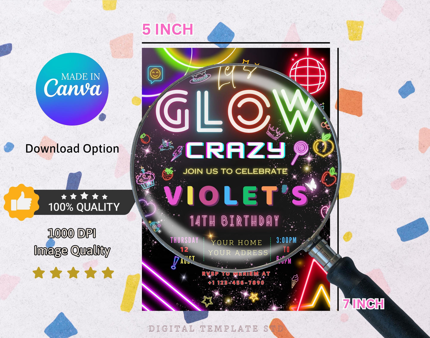 Glow Party Birthday Invitation, Glow Invitation, girl, boy, Neon Party Invite, Neon Lights, Glow Party Template, Editable Canva, Glow Evite