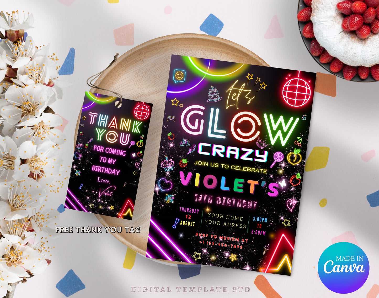 Glow Party Birthday Invitation, Glow Invitation, girl, boy, Neon Party Invite, Neon Lights, Glow Party Template, Editable Canva, Glow Evite