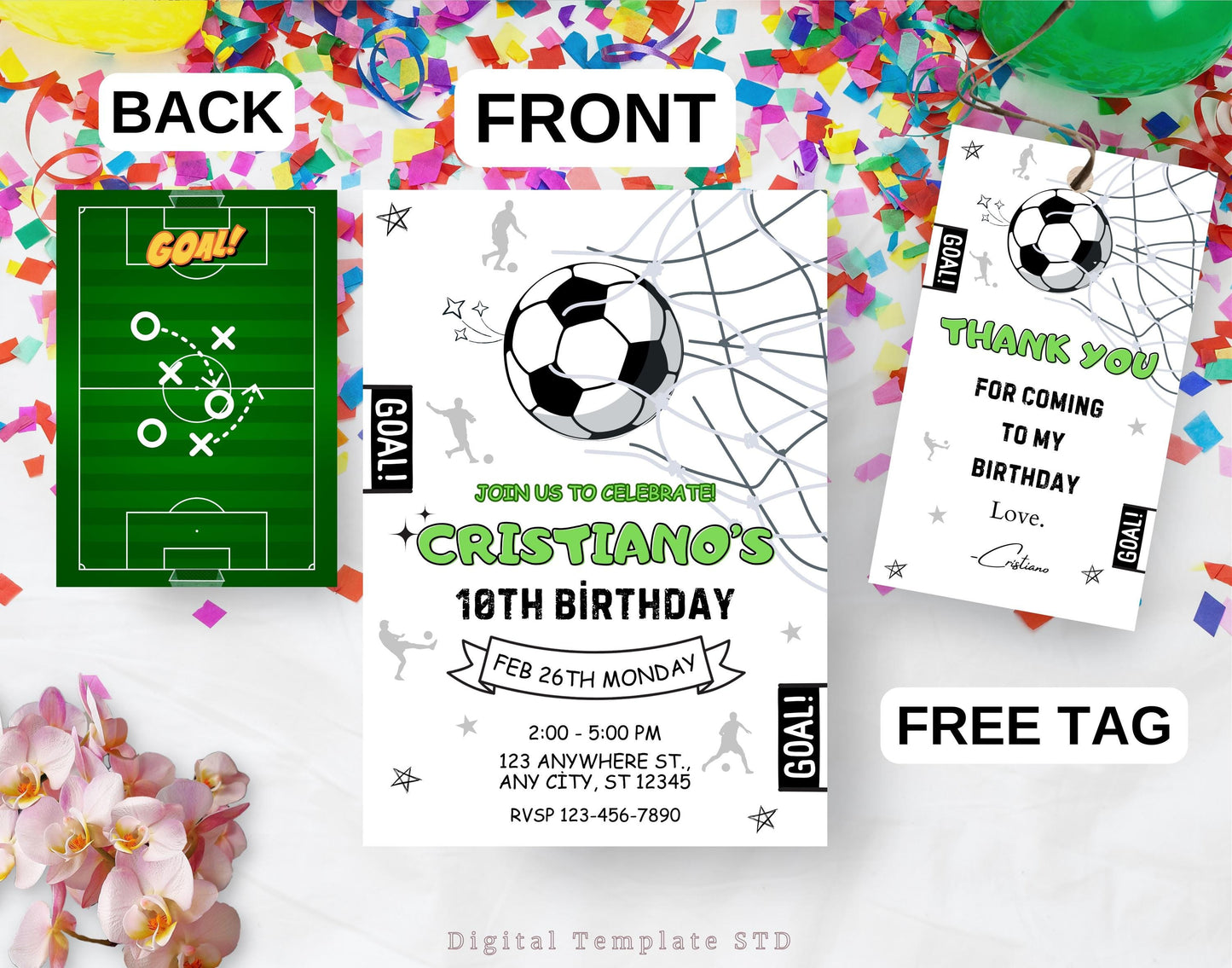 Editable Soccer Birthday Invitation Template, Printable Football Birthday Party Invitations, Kids Soccer Party Invite, Thank You Party Tag