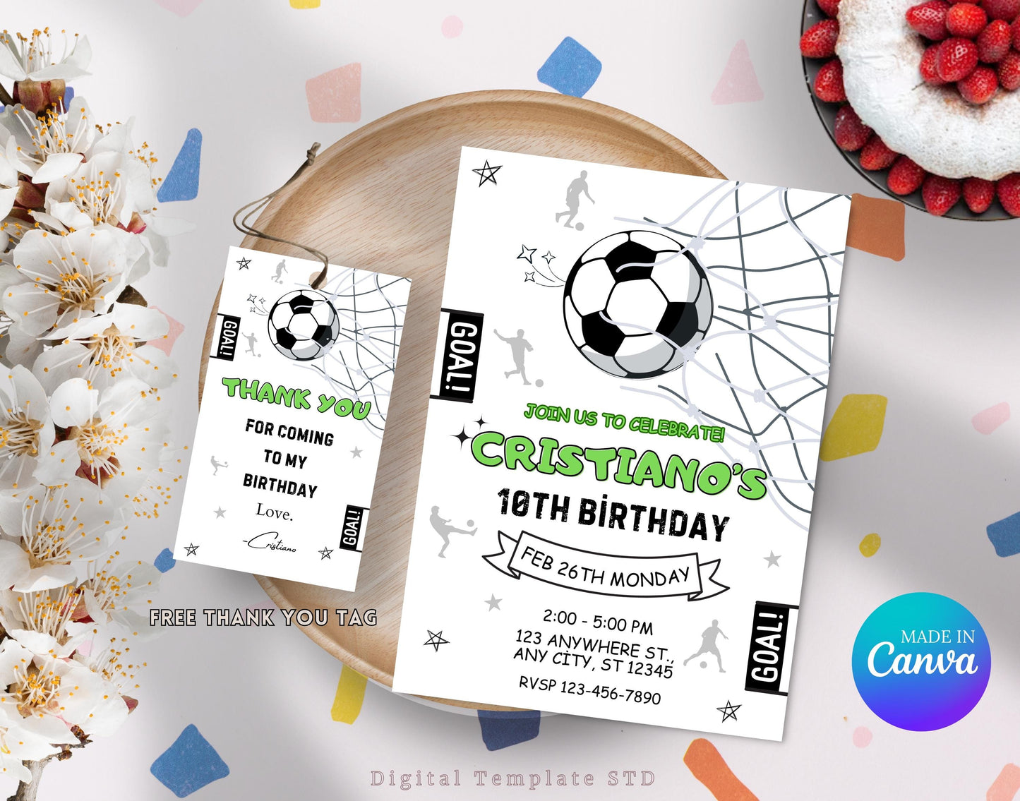 Editable Soccer Birthday Invitation Template, Printable Football Birthday Party Invitations, Kids Soccer Party Invite, Thank You Party Tag