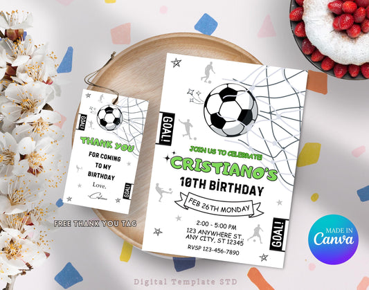 Editable Soccer Birthday Invitation Template, Printable Football Birthday Party Invitations, Kids Soccer Party Invite, Thank You Party Tag