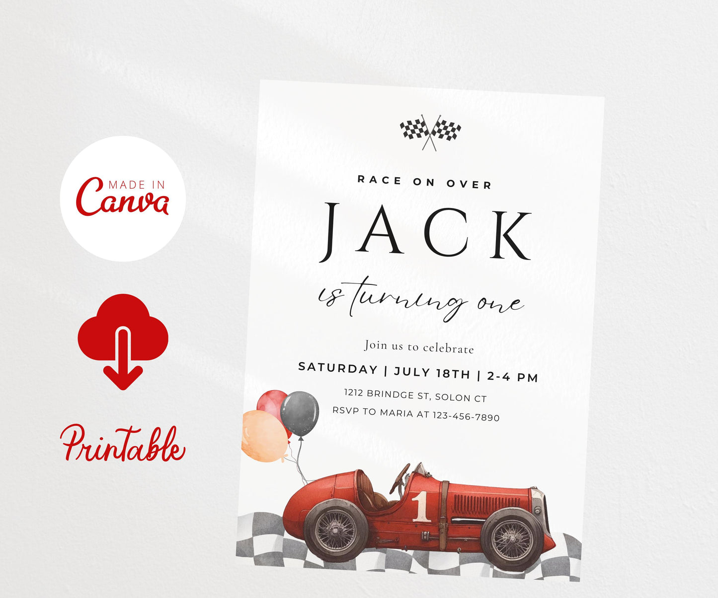 Vintage Red Race Car Birthday Invitation, Editable Fast One Birthday, Any Age, Two Fast, Digital Template, INSTANT DOWNLOAD