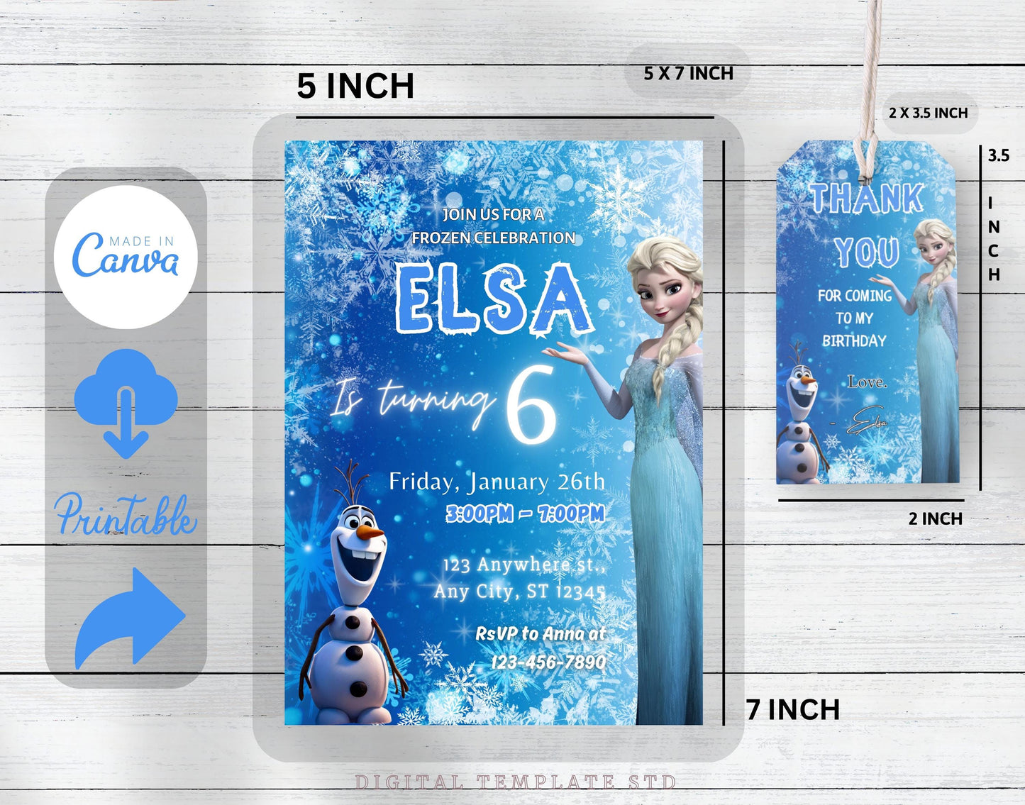 FROZEN Invitation Elsa Birthday Invitation Winter Snow Birthday Printable,Editable Frozen Olaf Invite Instant Download, Elsa Thank You TAG