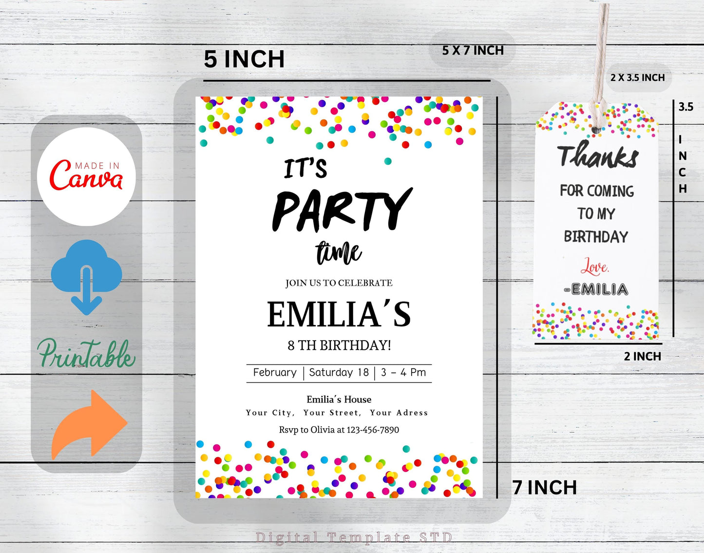 Editable Confetti Party Invitation, Rainbow It's Party Time, Colorful Confetti Birthday Invite, Printable Simple Birthday Invitations