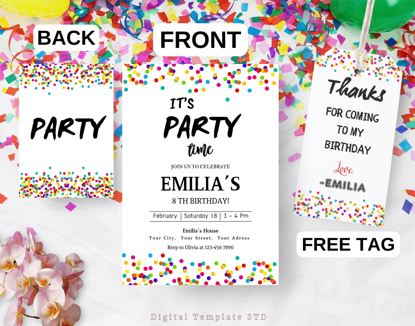 Editable Confetti Party Invitation, Rainbow It's Party Time, Colorful Confetti Birthday Invite, Printable Simple Birthday Invitations