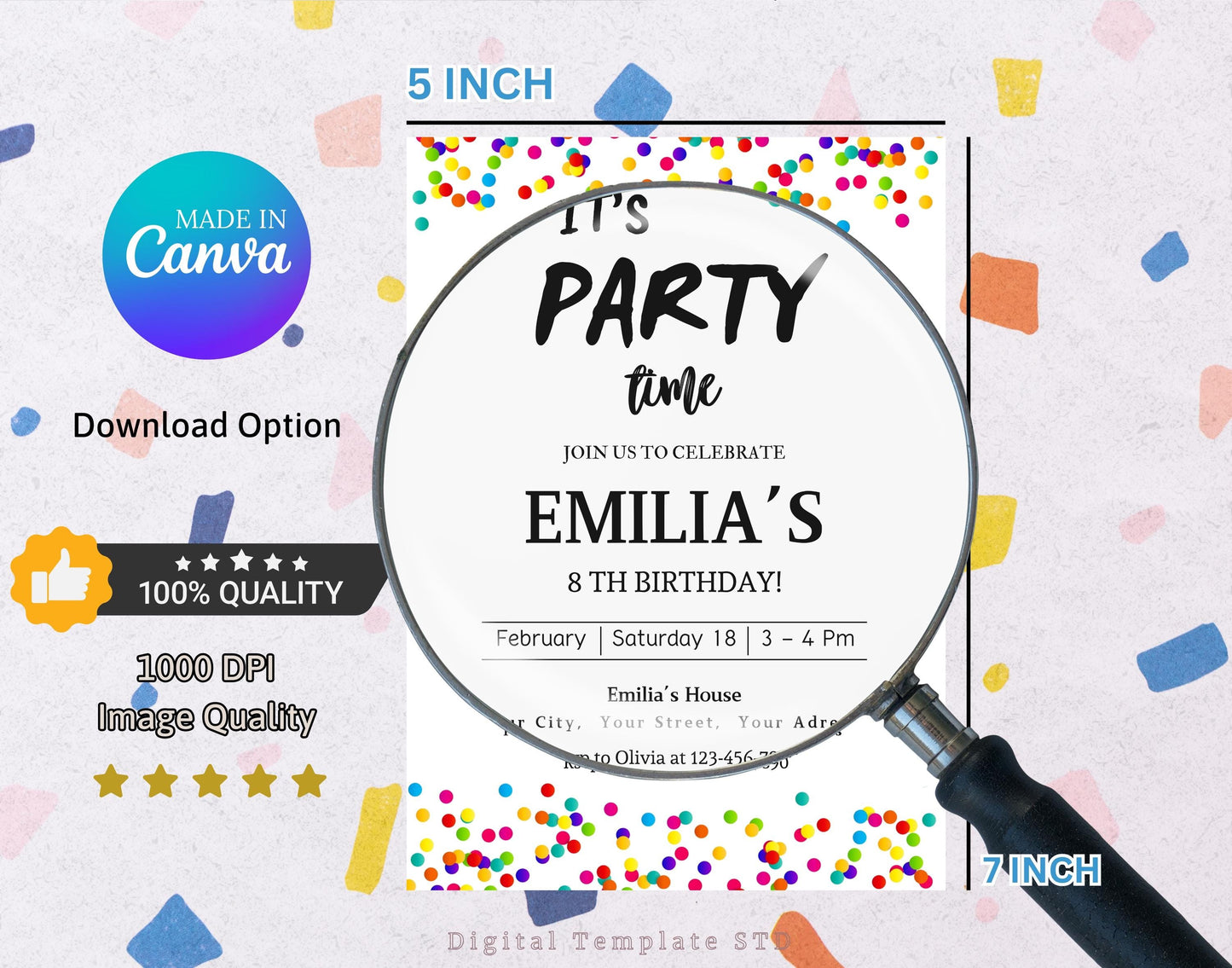 Editable Confetti Party Invitation, Rainbow It's Party Time, Colorful Confetti Birthday Invite, Printable Simple Birthday Invitations