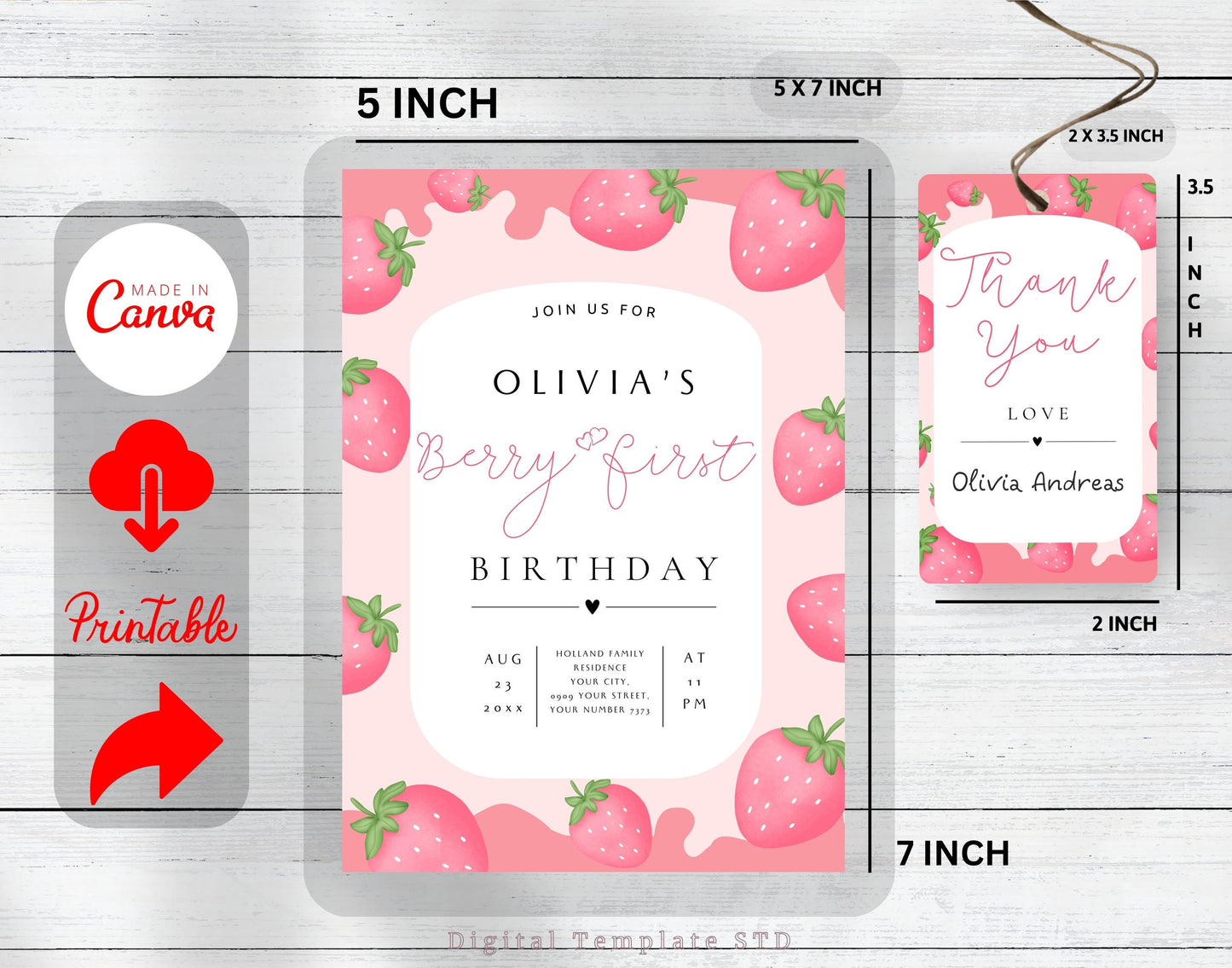 Strawberry First Birthday Invitation Template, Editable Girl 1st Birthday Party Invite, Printable Sweet StrawBerry First Birthday Invitation