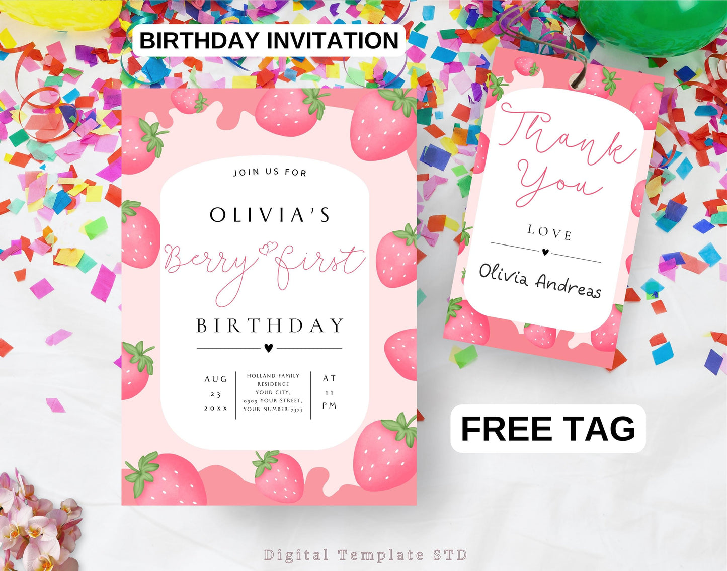 Strawberry First Birthday Invitation Template, Editable Girl 1st Birthday Party Invite, Printable Sweet StrawBerry First Birthday Invitation