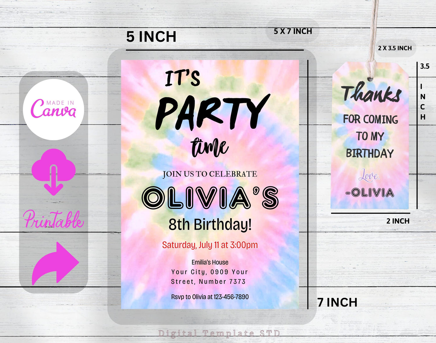 Editable Tie Dye Birthday Invitation, Pritanble Tie Dye Birthday Invitations, Rainbow Tie Dye Party Printable Invitations Tie-Dye Template