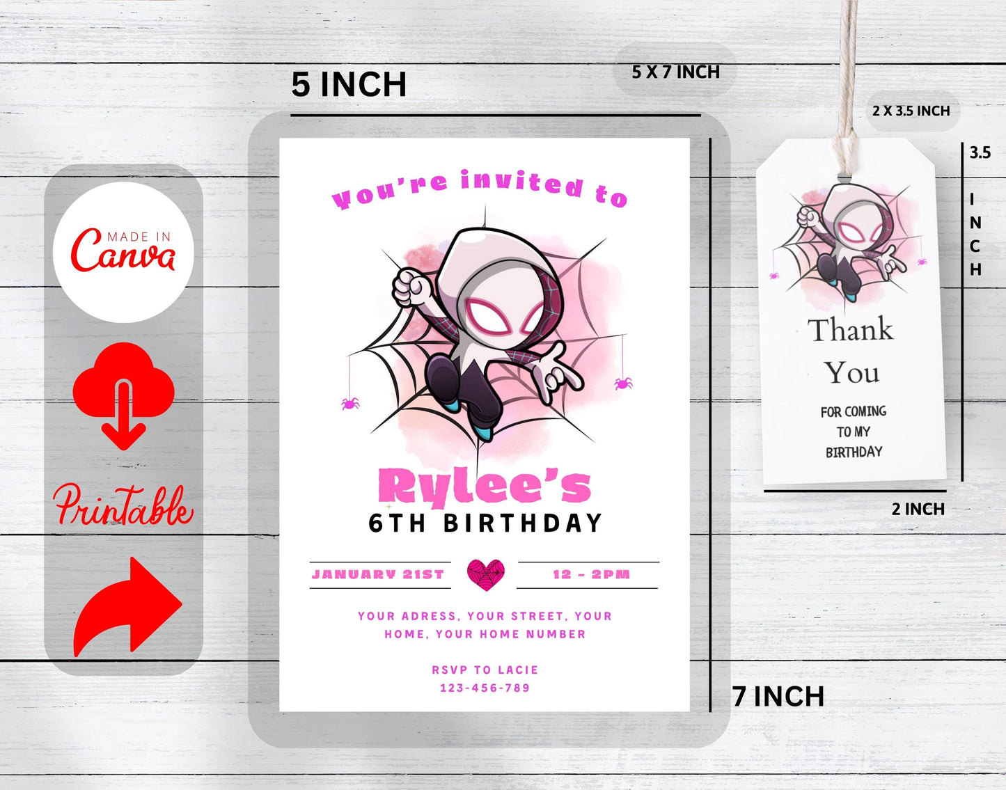 Editable Girl Ghost Spidey Birthday Invitation, Gwen Birthday Party Invitation, Printable Gwen Invitation Template, Gwen Thank You Party Tag