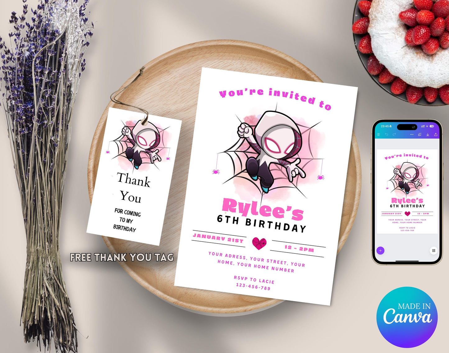 Editable Girl Ghost Spidey Birthday Invitation, Gwen Birthday Party Invitation, Printable Gwen Invitation Template, Gwen Thank You Party Tag