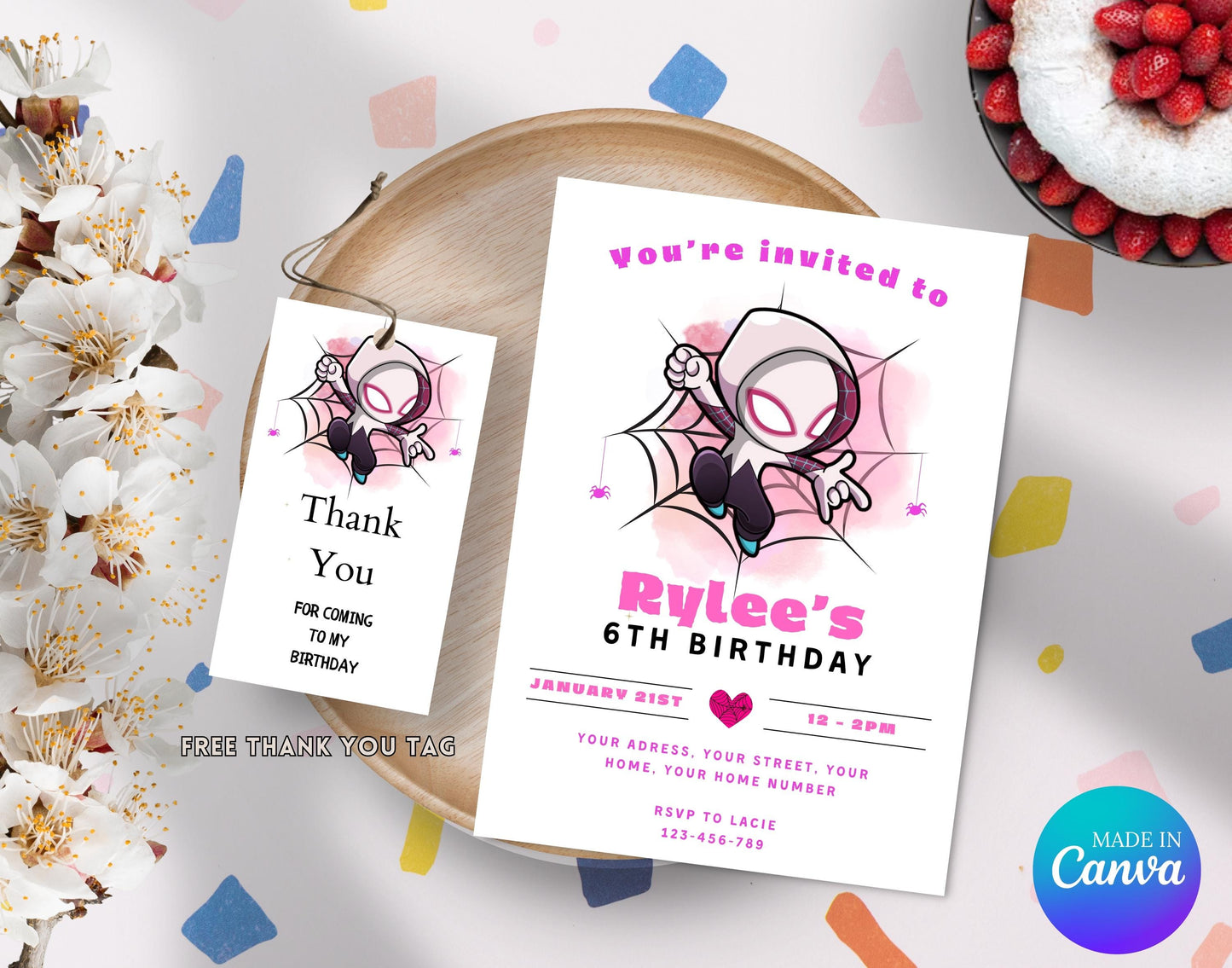 Editable Girl Ghost Spidey Birthday Invitation, Gwen Birthday Party Invitation, Printable Gwen Invitation Template, Gwen Thank You Party Tag