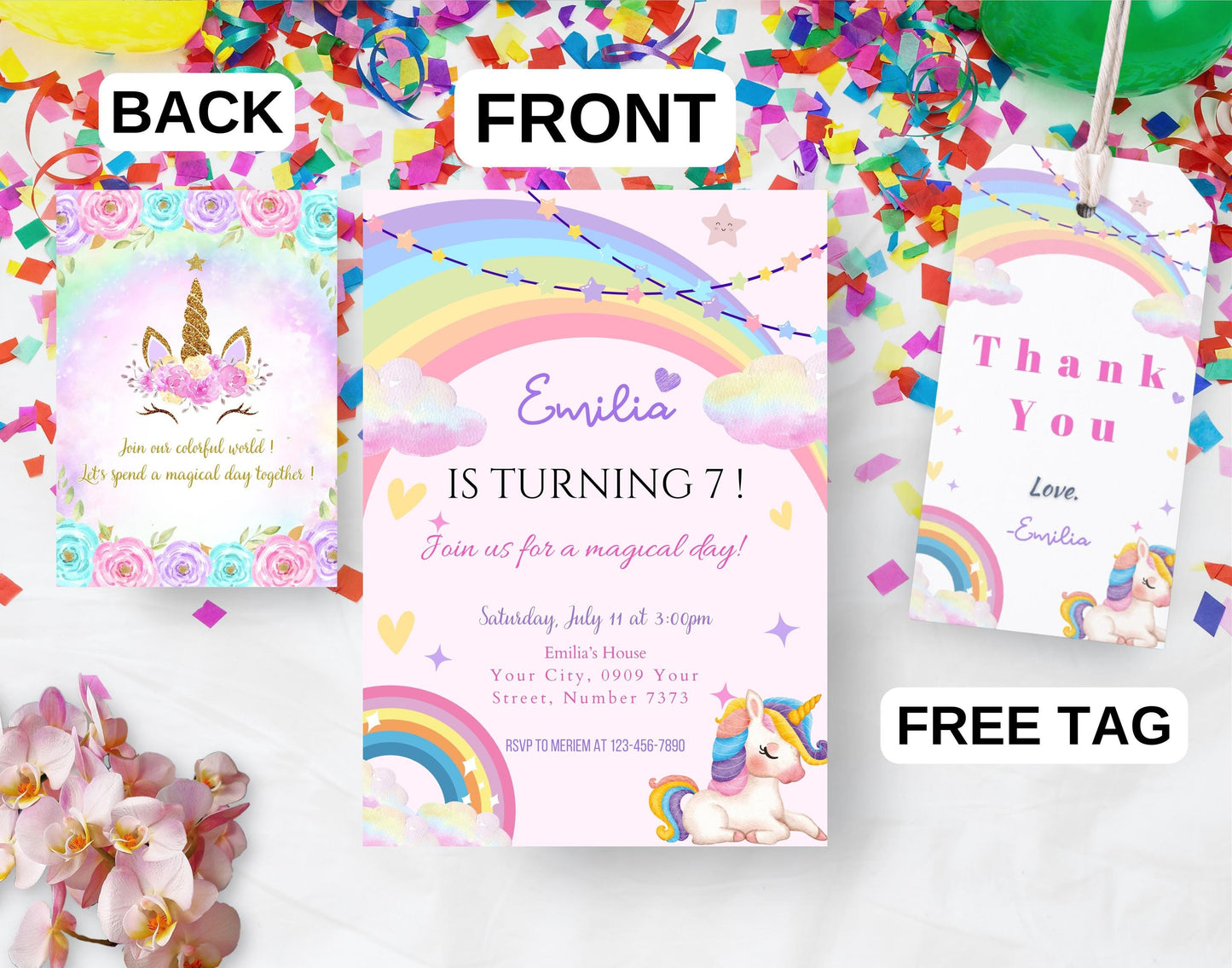 Editable Unicorn girl’s birthday pink Invitation, Printable Unicorn Party Invitation, Digital Rainbow Unicorn Party Invitation Template