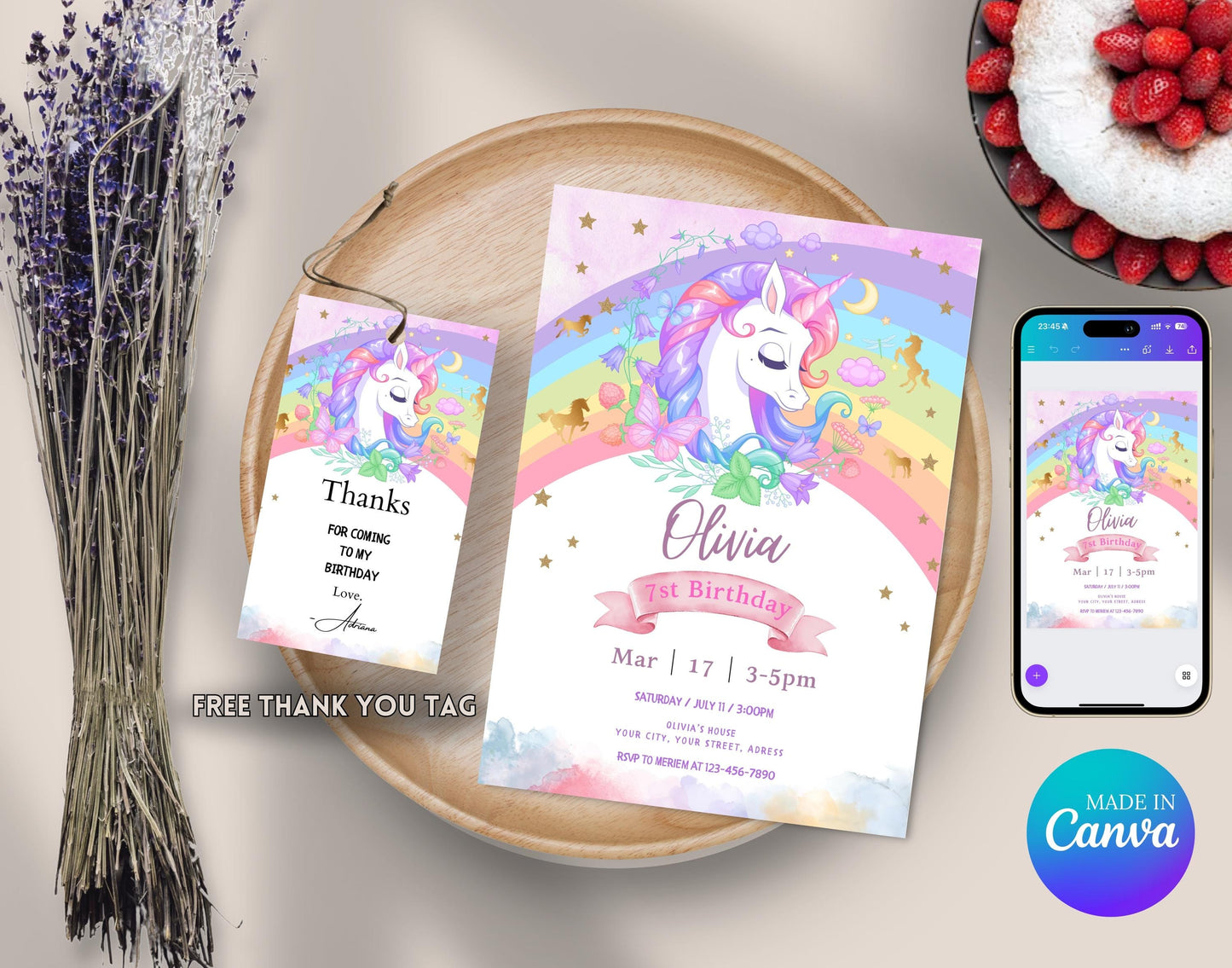 Editable Unicorn Rainbow Birthday Invitation, Girl Birthday Party Invite, Digital Printable Rainbow Invitation, Rainbow Unicorn Flowers Gold