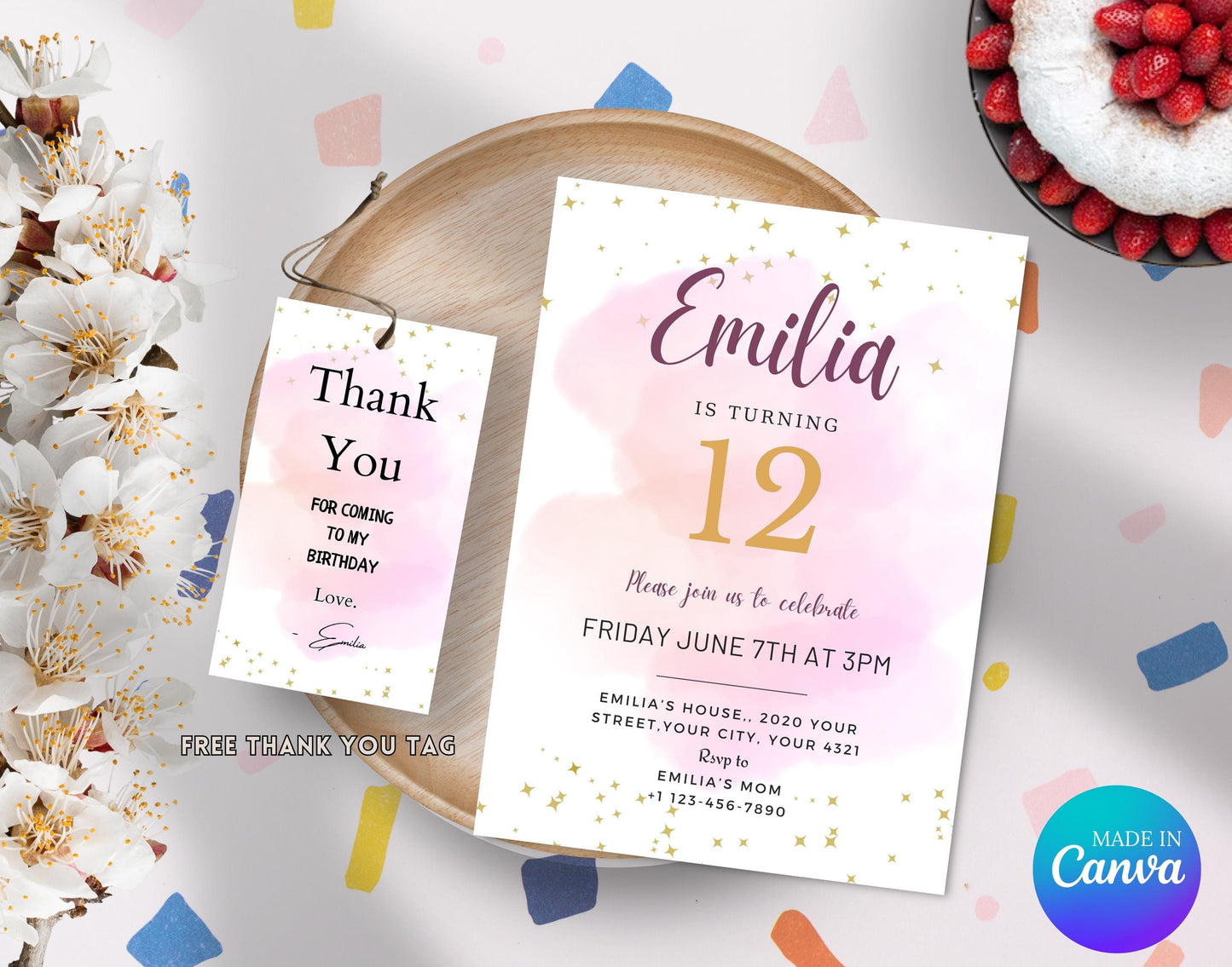 Editable Watercolour Pink Invitation Template, Printable Rainbow Colourful Party Invitation, Watercolour Pink Birthday Invitation, For Girl